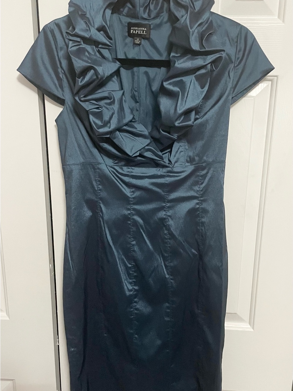 Adrianna Papell Teal Satin Ruffle V-Neck Midi Dress